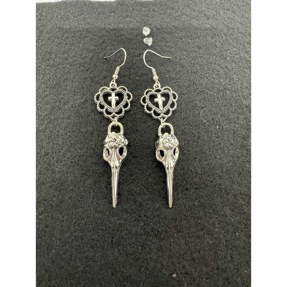 Silver Tone Heart Cross Skull Charm Dangle Drop Hook Earrings Metal